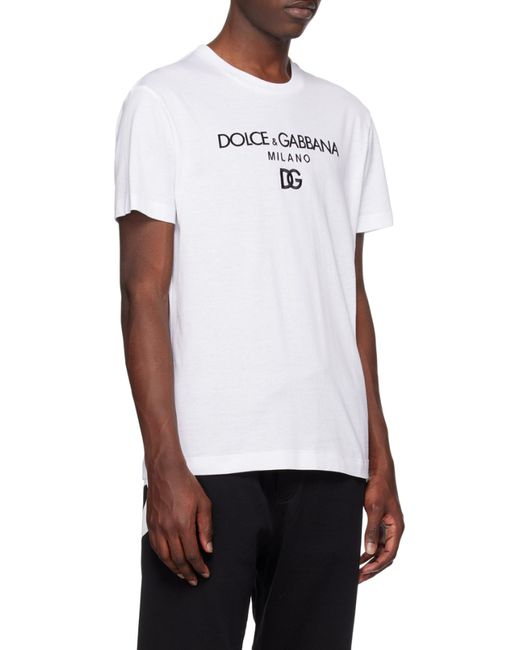 Dolce & Gabbana White Logo Embroidered Crewneck T-Shirt for men