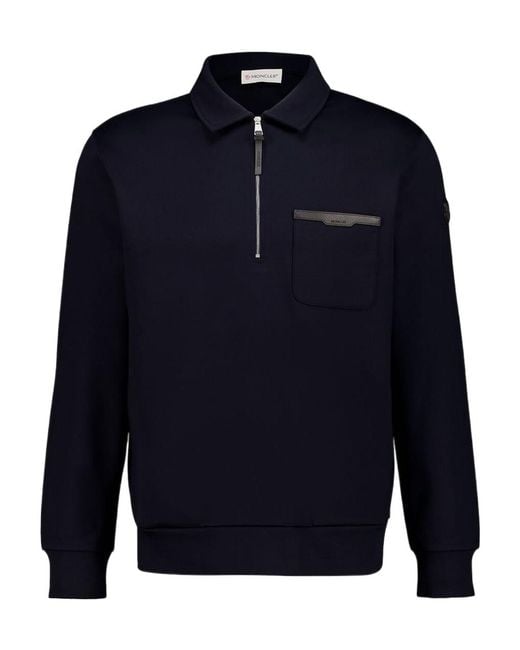 Moncler Blue Leather Logo Half-Zipper Sweatshirt for men