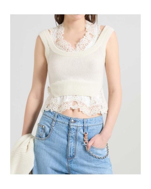 Ermanno Scervino White Layer-Effect Cashmere Top With Lace Details