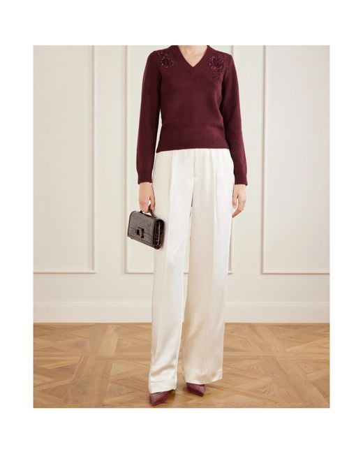 Self-Portrait White Pleated Satin-Finish Tailored Trousers