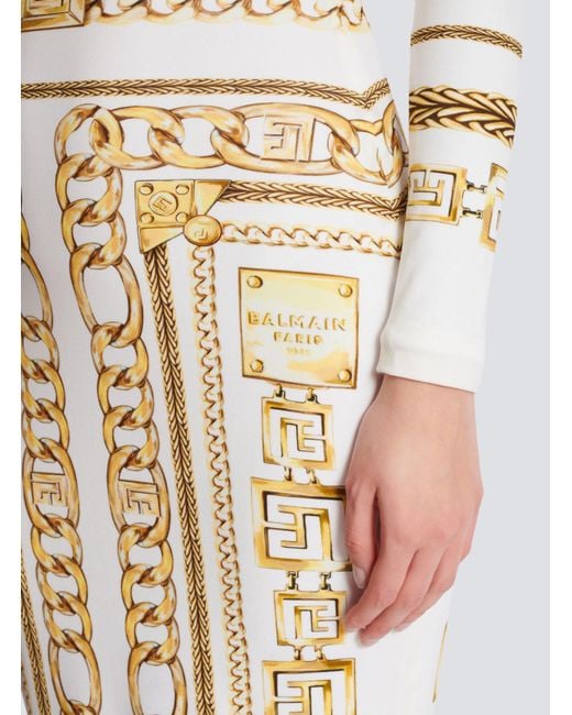 Balmain White Long Printed Bodycon Dress With Foulard Pattern