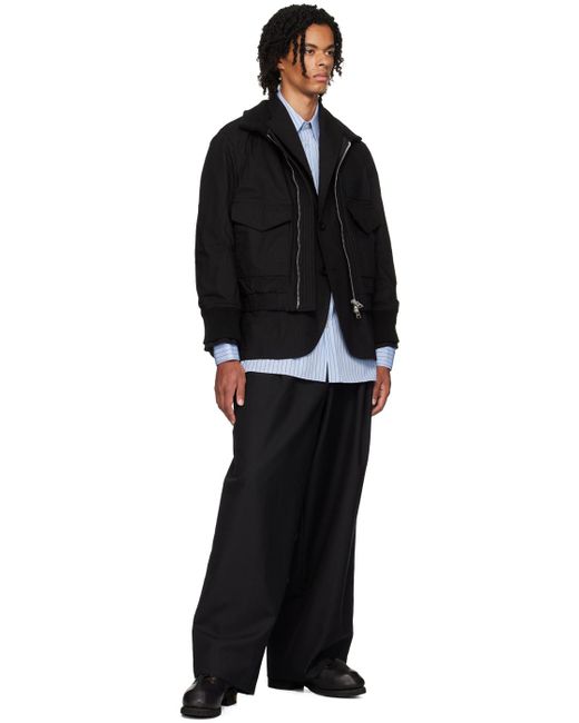 Sacai Black Rip Stop Zip-Up Bomber Jacket for men