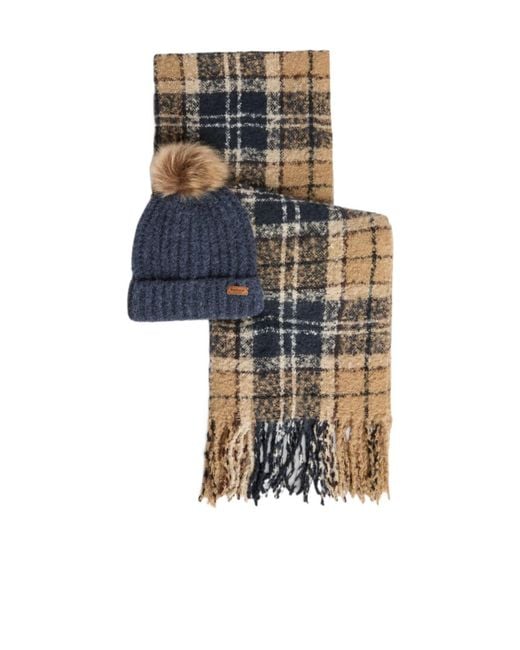Barbour Blue Two-Piece Set Including Knitted Hat And Plaid Scarf