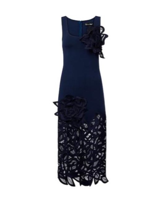 Oscar de la Renta Blue Floral-Appliqué Lace Midi Dress