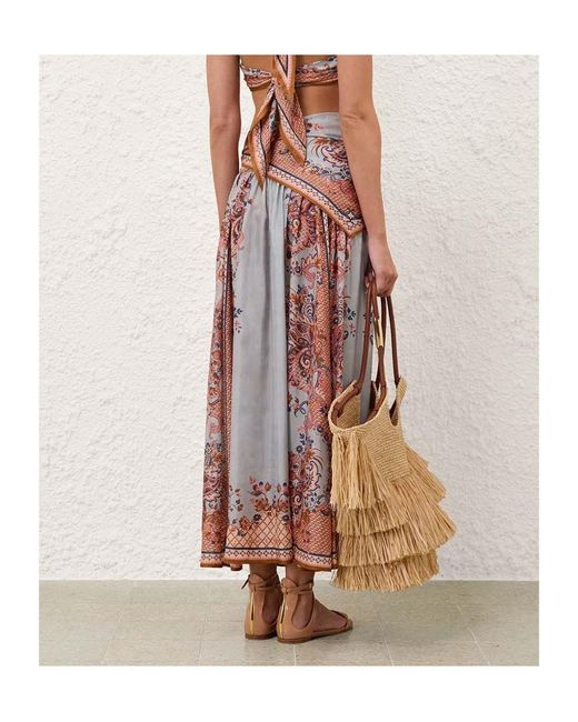 Zimmermann Red Aster Scarf Paisley Floral Printed Midi Skirt