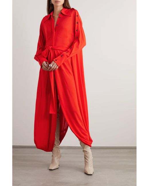 Proenza Schouler Red Tie-Waist Knit Crepe Shirt Dress