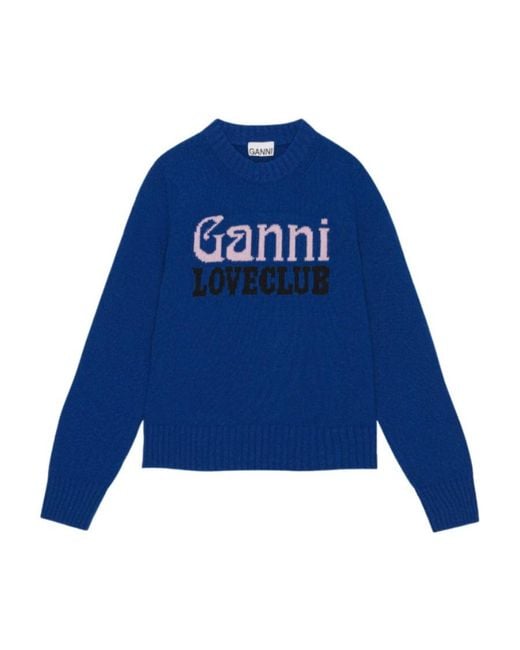 Ganni Blue Logo-Intarsia Knitted Crewneck Jumper
