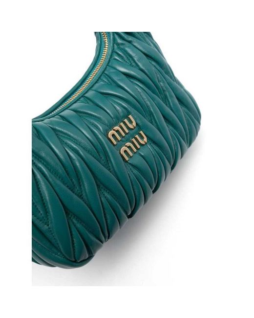Miu Miu Green Wander Matelassé Logo Plaque Mini Hobo Bag