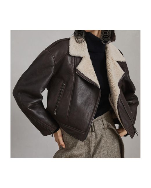 Brunello Cucinelli Black Shearling-Collar Cropped Biker Jacket