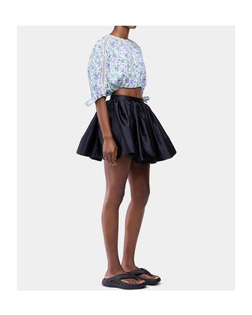 Rabanne Blue Floral Puff-Sleeved Crop Top
