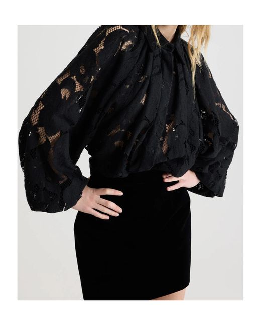 Patou Black Balloon-Sleeve Lace Blouse