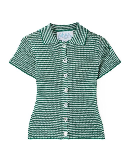 Calle Del Mar Green Striped Ribbed-Knit Polo Shirt