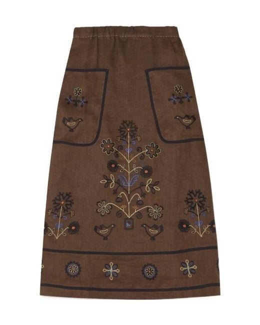 Vita Kin Brown Misha Embroidered Linen Midi Skirt