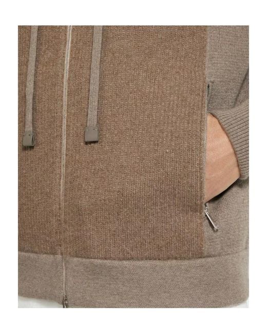 Zegna Brown Ribbed-Panel Zip-Up Hoodie for men
