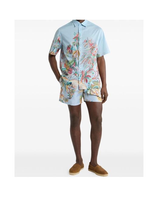 Etro Blue Cotton Shirt With Placed Floral Print for men