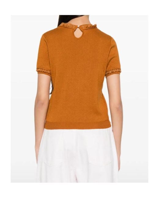 ShuShu/Tong Orange Lace-Trimmed Short-Sleeve Sweater