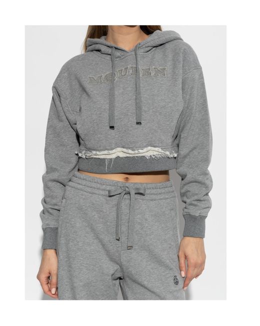 McQueen Gray Drawstring Distressed Cropped Hoodie