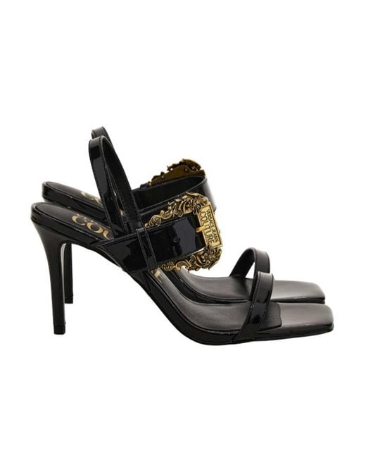 Versace Jeans Black Couture Barocco-Buckle Heeled Sandals
