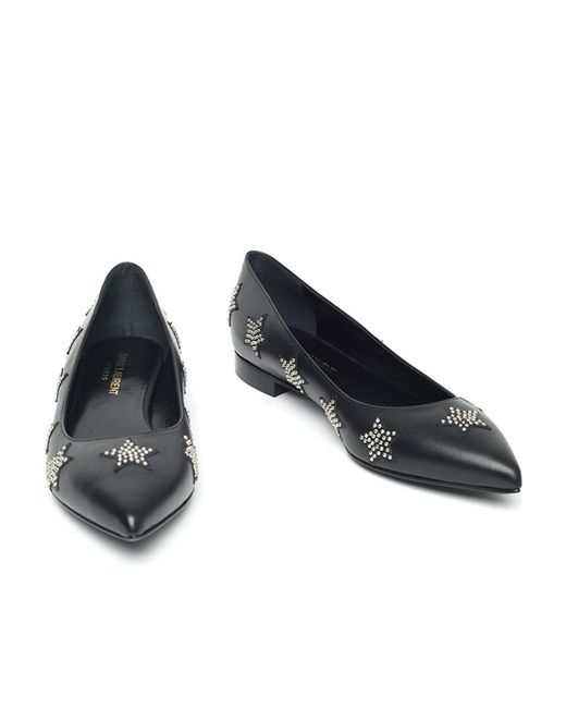 Saint Laurent Black Pointed Leather Flat Shoes