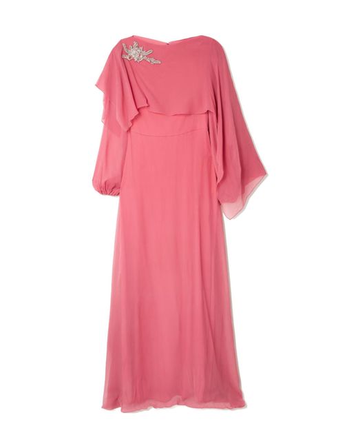 Erdem Pink Cape-Effect Asymmetric Embellished Silk-Crepon Gown