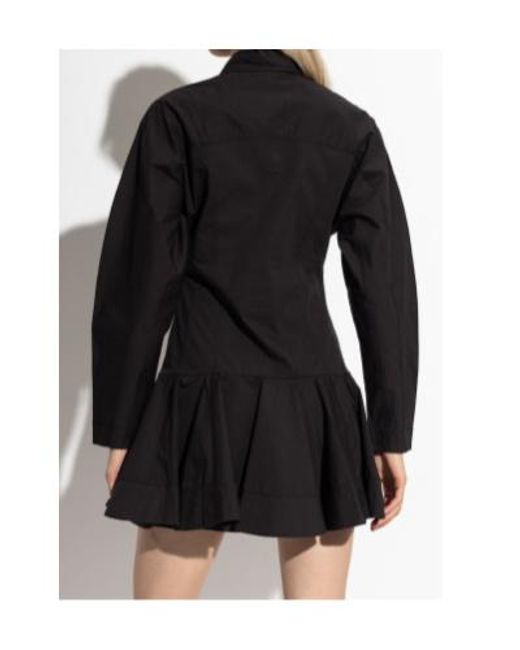 Ganni Black Ruffled Hem Detailed Mini Shirt Dress