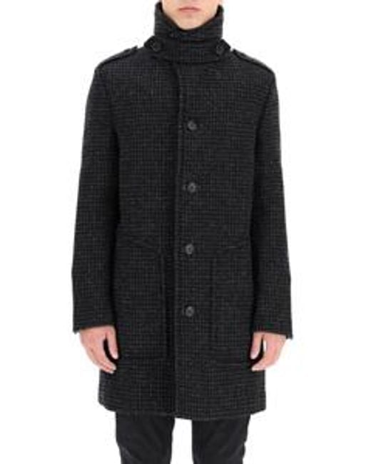 Saint Laurent Black Shearling-Collar Check Wool Coat for men
