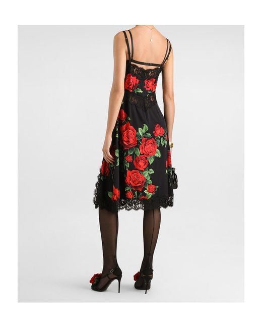 Dolce & Gabbana Red Rose-Print Charmeuse Midi Dress