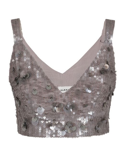 P.A.R.O.S.H. Gray Sequin Embellished V-Neck Top