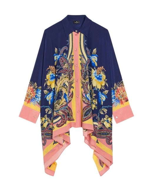 Etro Blue Printed Asymmetric Silk Shirt