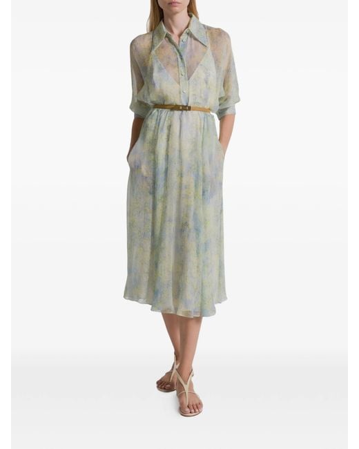 Alberta Ferretti White Chiffon Shirt Dress With Floral Print