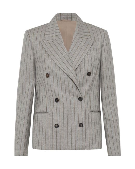 Brunello Cucinelli Gray Pinstripe Double-Breasted Blazer