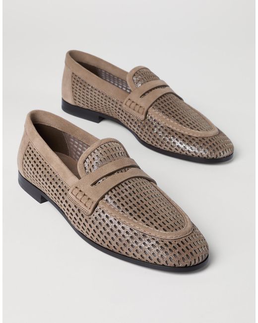Brunello Cucinelli Brown Net Detailed Slip-On Loafers