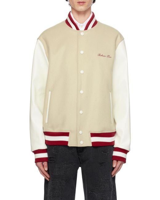 Balmain White Logo Embroidered Varsity Jacket for men