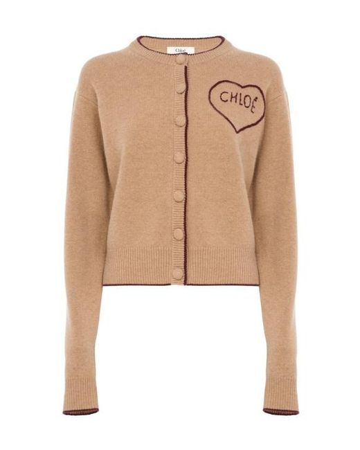 Chloé Natural Contrast-Edge Wool Crewneck Sweater With Fabric-Covered Buttons