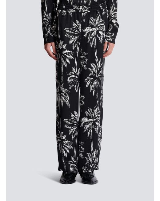 Balmain Black Palm Print Satin Pyjama Trousers for men