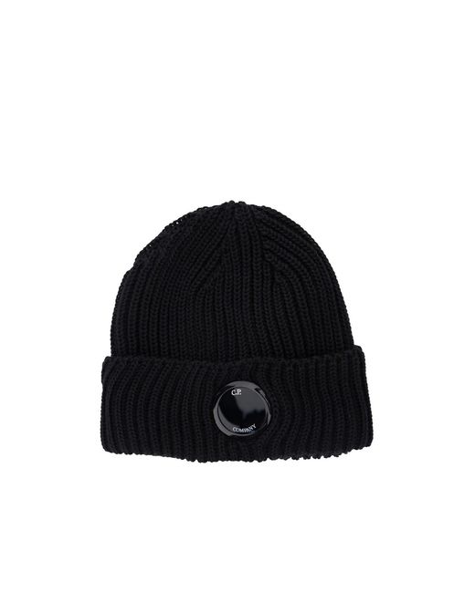C P Company Black Logo Plaque Knit Beanie for men
