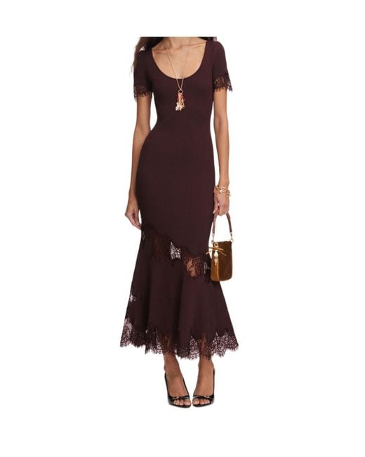 Self-Portrait Red Lace-Trim Ribbed Knitted Dress