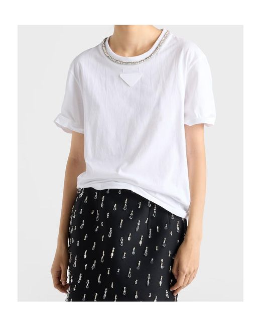 Prada White Triangle-Patch Crewneck T-Shirt