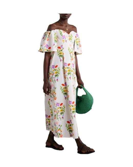 Borgo De Nor White Gracie Off-The-Shoulder Pleated Printed Cotton-Blend Piqué Dress