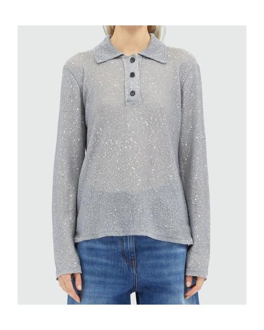 MSGM Gray Long Sleeved Sequin Embellished Knit Polo Top