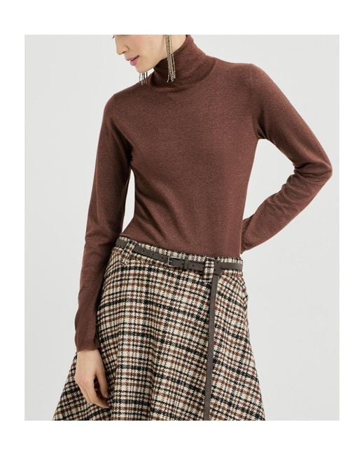 Brunello Cucinelli Brown Sparkling Cashmere And Silk Lightweight Turtleneck Sweater