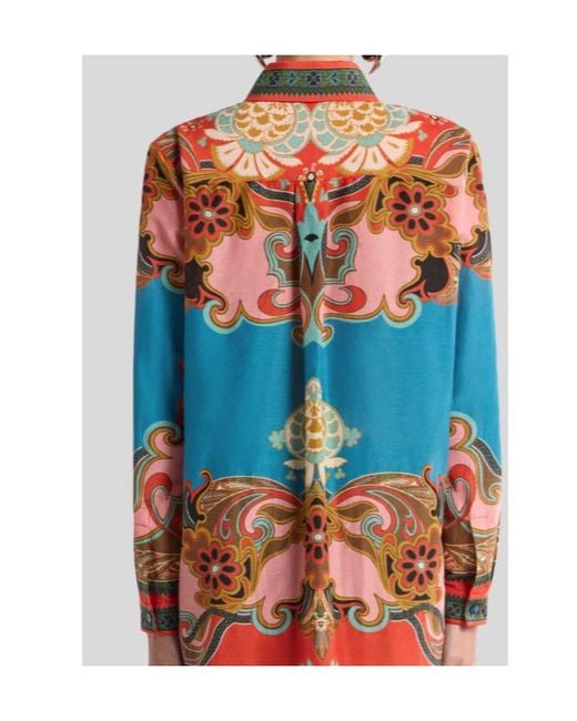 Etro Orange Placed Print Long Silk-Blend Shirt