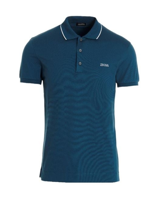 Zegna Blue Embroidered-Logo Polo Shirt for men