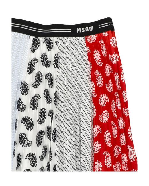 MSGM Red Teen Patchwork Pleated Midi Skirt