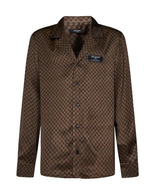 Balmain Brown Monogram-Print Satin Shirt for men