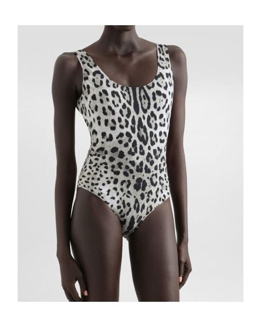 Dolce & Gabbana White Leopard- One-Piece Racing Swimsuit
