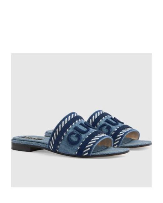 Gucci Blue Script Block Heel Sandals