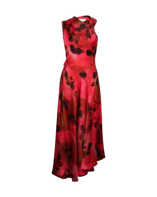 Victoria Beckham Red Asymmetric Hem Floral-Printed Satin Midi Dress