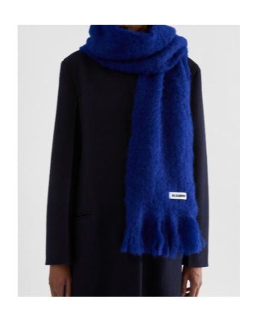 Jil Sander Blue Fringed Logo Scarf for men