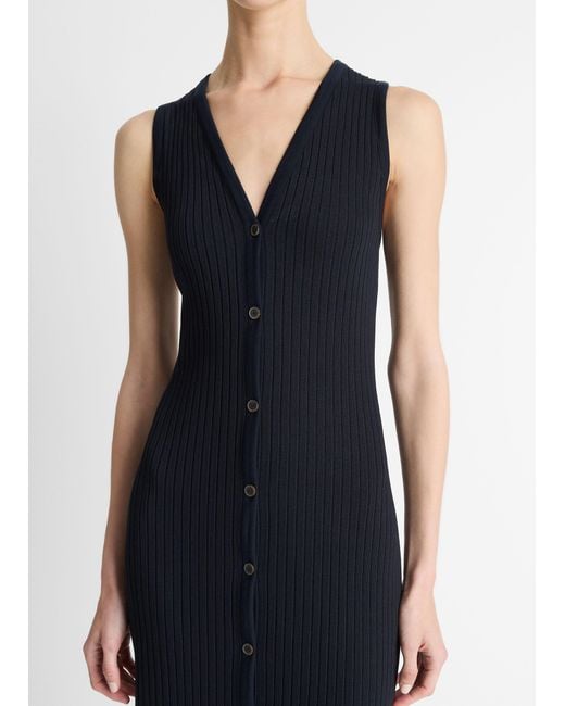 Vince Blue Ribbed Cotton-Blend Button-Front Dress